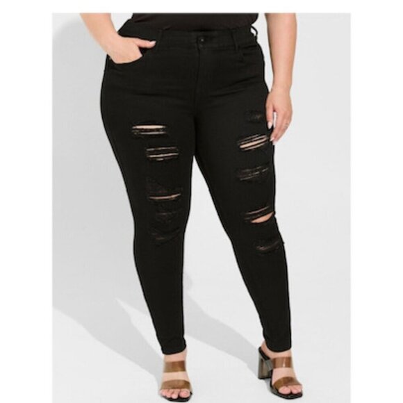 torrid Denim - Torrid Bombshell Skinny Premium Stretch High-Rise Distressed Jean in Black - 16R